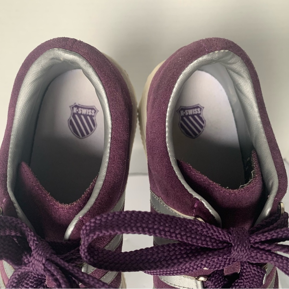 K-Swiss Sneakers Tennis Runners Suede Leather Silver 5 Stripe & Purple Size 7 - Picture 8 of 13